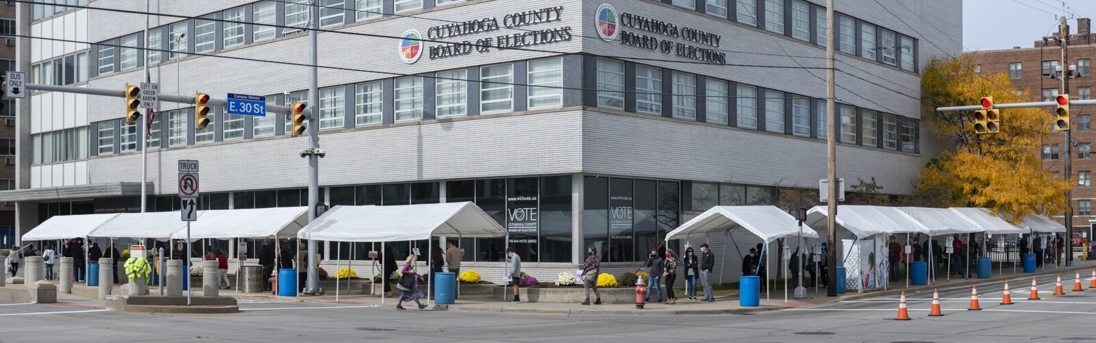 Early voters safely lined up at the Cuyahoga County Board of Elections.