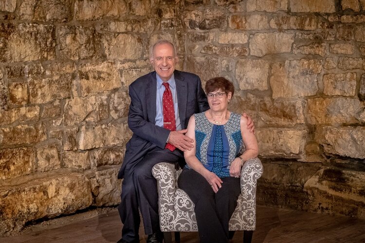 Jim and Nike Lagos are the owners of the Bushnell Building in Downtown Springfield. Exposed stone from the original building - pictured behind them - is part of the history visible throughout the building and newly-renovated Bushnell Event Center.