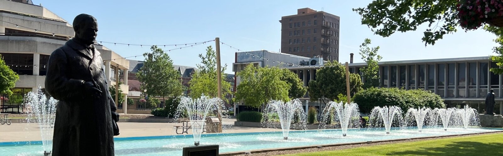 The City Hall Plaza fountains, near the Harry Toulmin Sr. statue look welcoming on hot summer days.