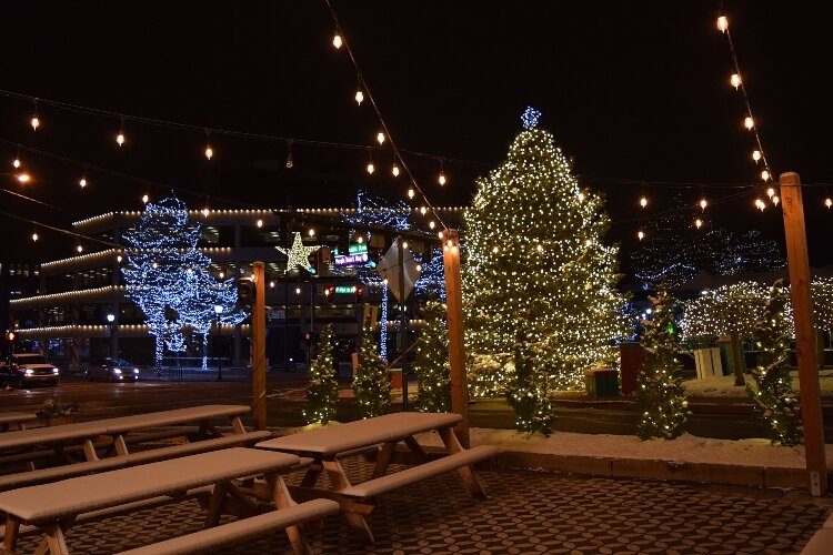 A view from COhatch shows this year's downtown tree lit in white lights.