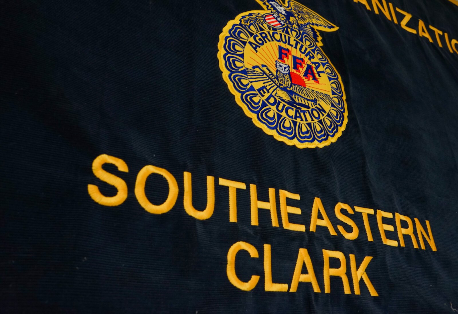 The chapter’s FFA banner hangs in the classroom at Southeastern High School