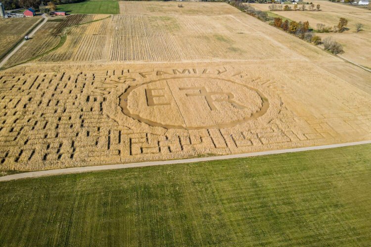 Evans Family Ranch in New Carlisle has a corn maze with the ranch logo cut into it.