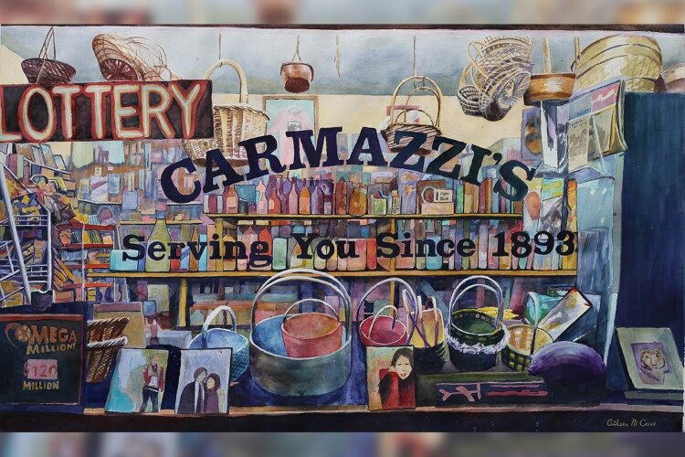 This painting of Carmazzi's, located on the square in Urbana, was made by Aileen Cave, one of the many artists in Hatch Artist Studios in Downtown Springfield.