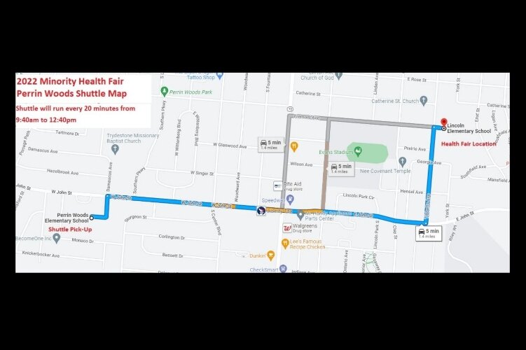 Perrin Woods shuttle map to the Minority Health Fair.