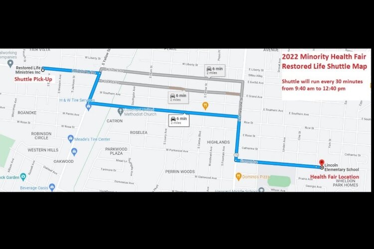 Restored Life shuttle map to the Minority Health Fair.