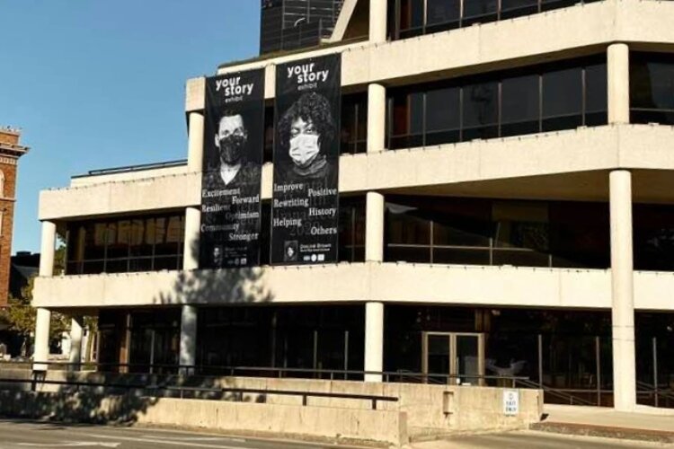 Parts of the Your Story art exhibit can be seen throughout Downtown Springfield - like these pieces on City Hall - until the end of October.